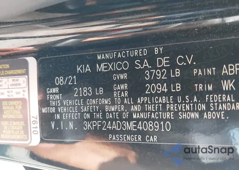 2021 Kia Forte Lxs z USA, uszkodzony, nr VIN 3KPF24AD3ME408910